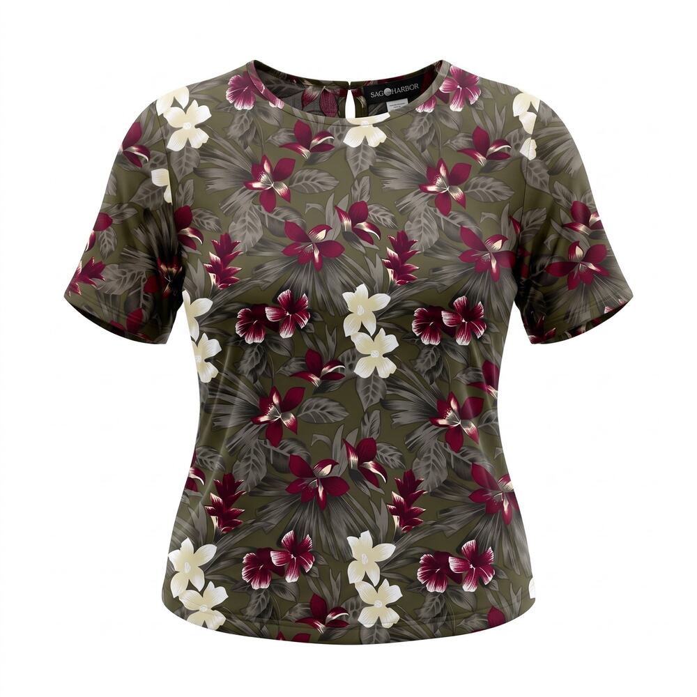 Vintage Sag Harbor Floral Blouse Womens M 100% Rayon Olive Tropical Y2K